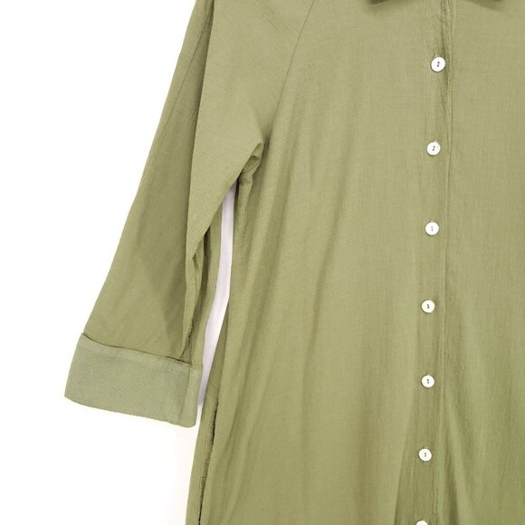 9Seed Long Shirt Dress Maxi Button Up Semi Sheer Medium Green Collard Made USA - Picture 11 of 14